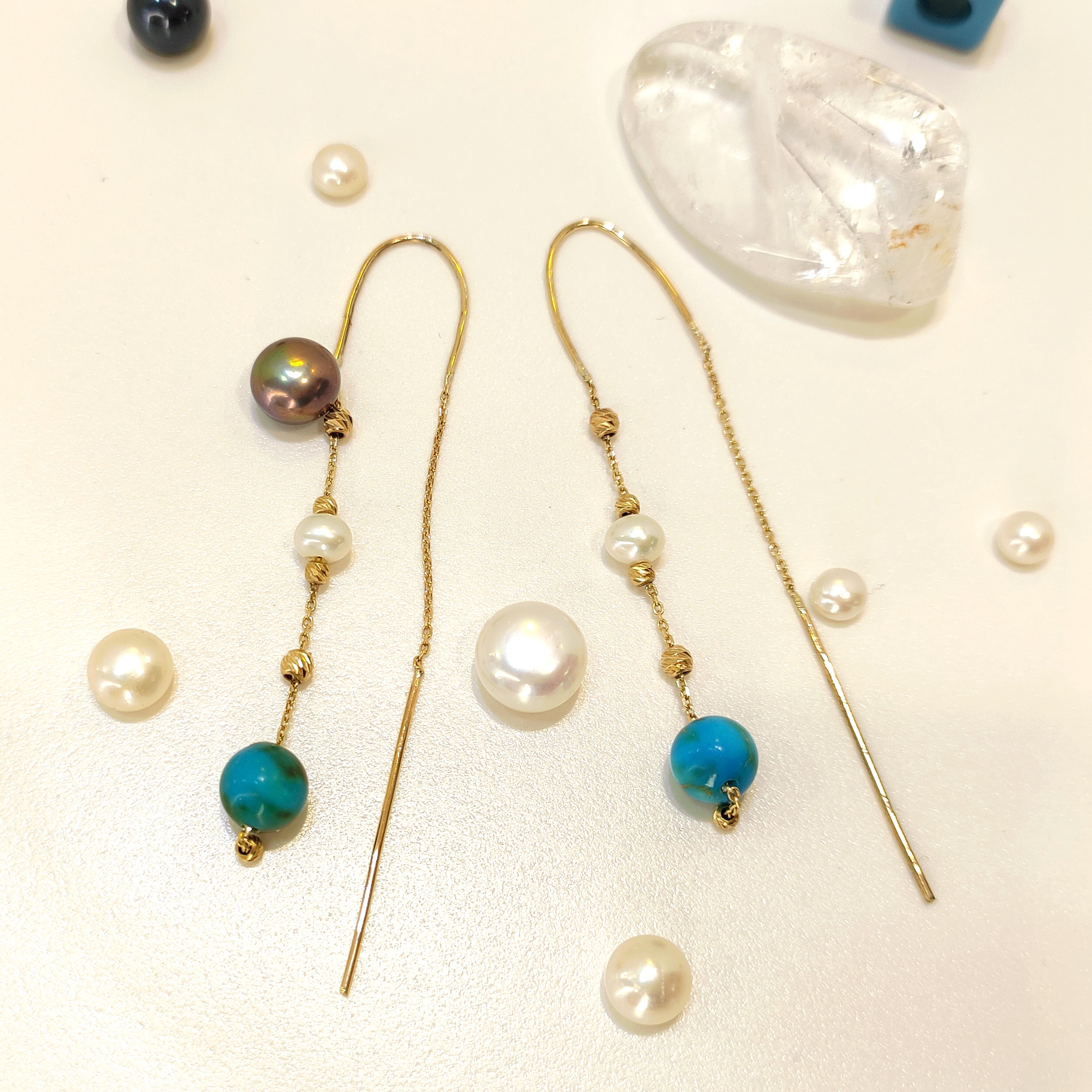 Dorika Toplu İnci ve Varasit Taşlı Sallanan Zincir Küpe 14 Ayar Altın HD VİDEOLU