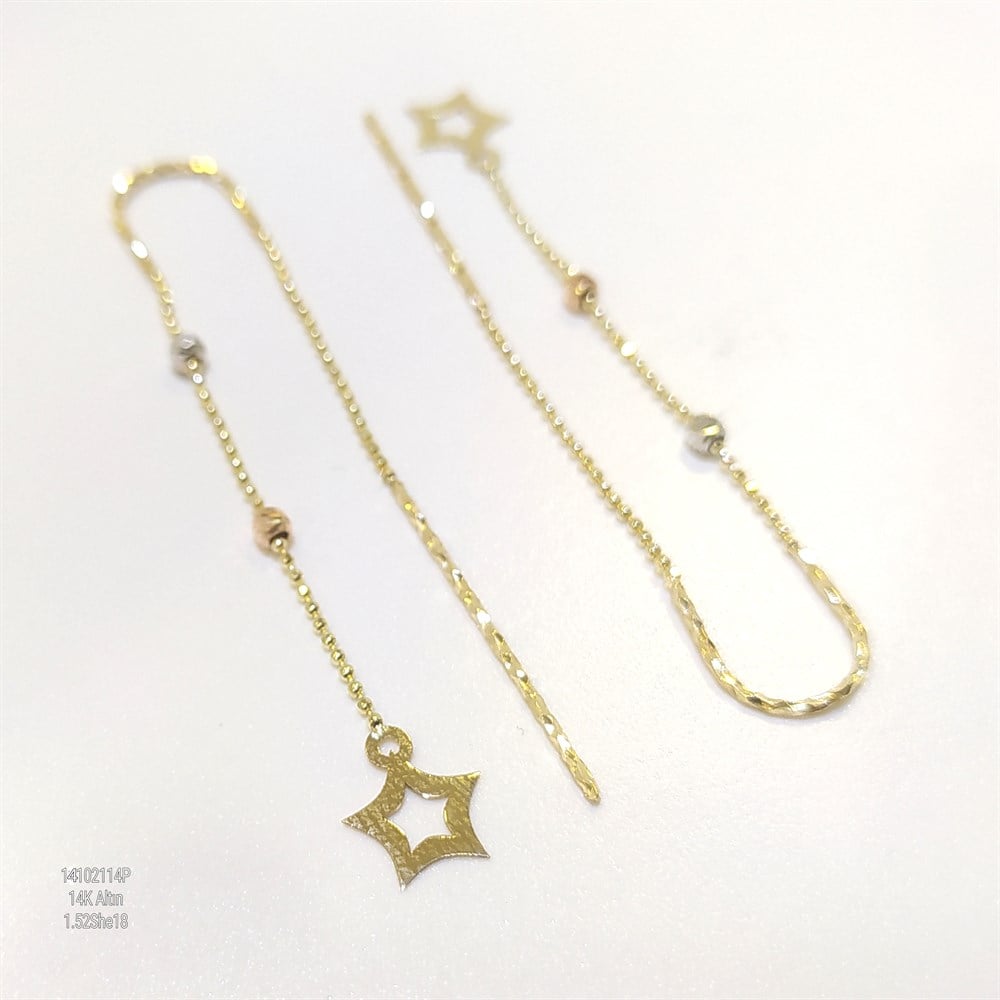 Dorika Toplu Yıldız Zincir Sallanan Küpe 14 Ayar Altın