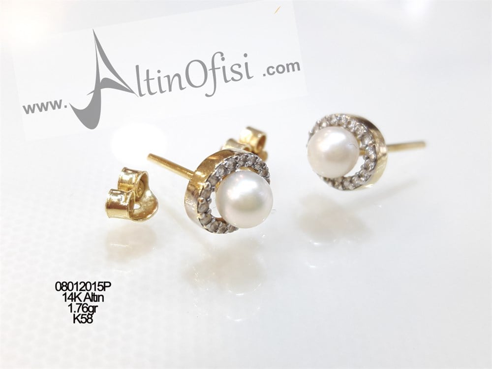 İnci Vidalı Küpe 14 Ayar Altın 3 Boyutlu Resim