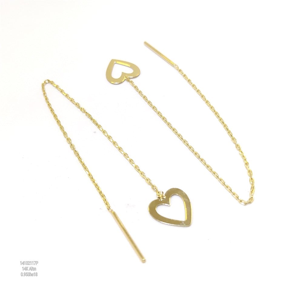 Kalp Zincir Sallanan Küpe 14 Ayar Altın