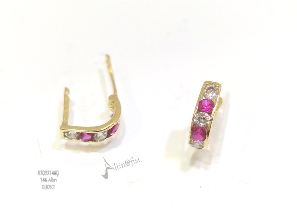 Kımızı Taşlı Çocuk Küpe  14 Ayar Altın