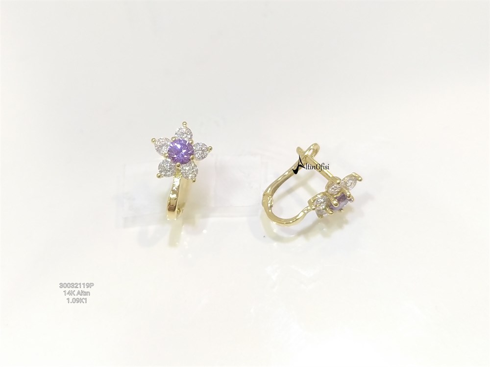 Lila Çİçek Taşlı Çocuk Küpe  14 Ayar Altın