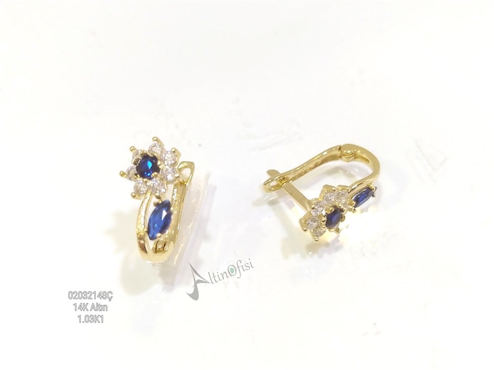 Mavi Taşlı Çocuk Küpe  14 Ayar Altın