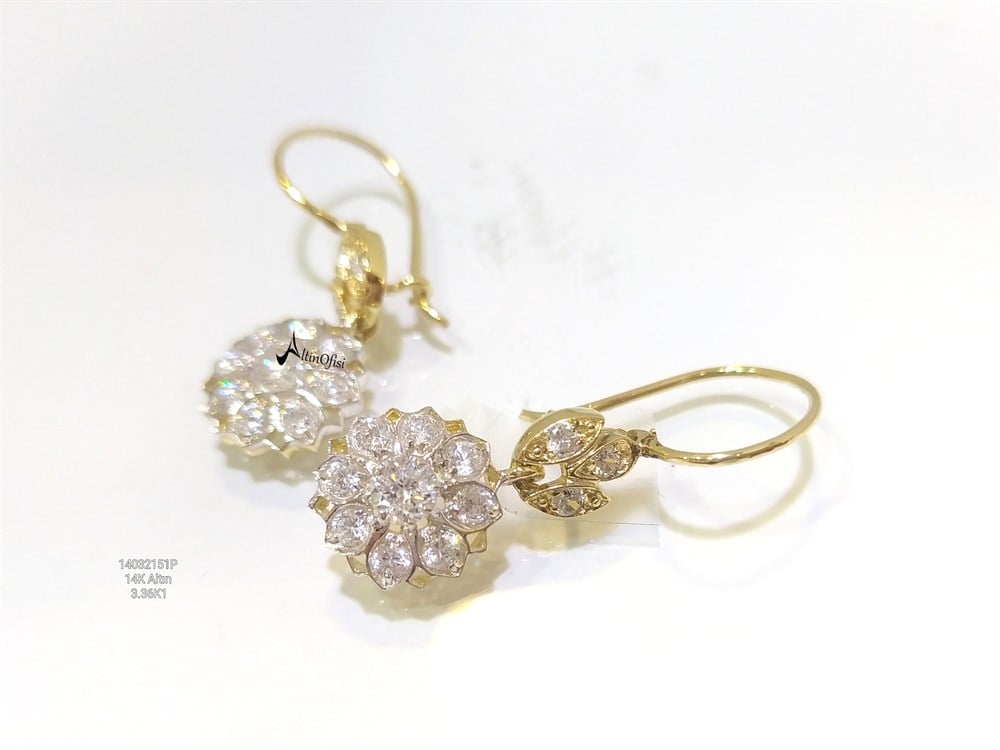 TAşlı Sallanan Telli  Küpe 14 Ayar Altın