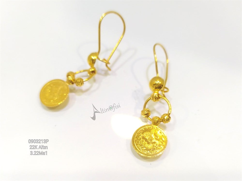 Tuğralı Dorika Toplu Sallanan Küpe  22 Ayar Altın