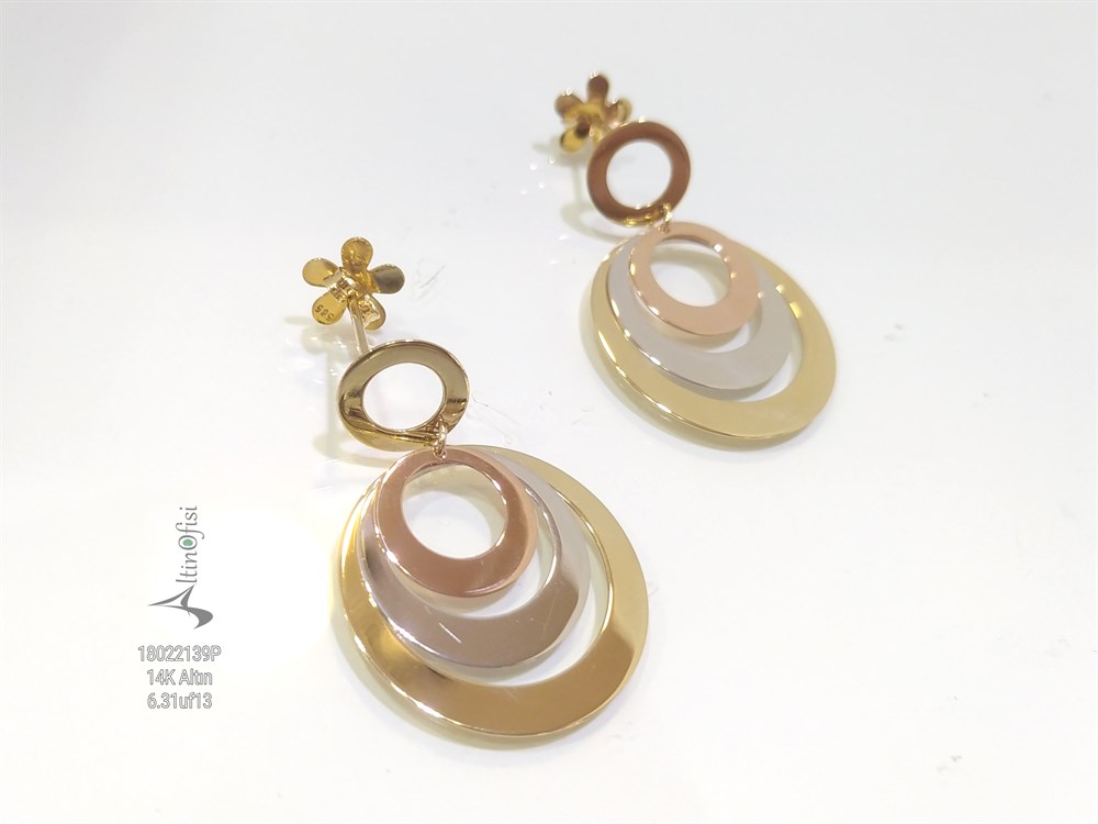 Üçlü Levha Sallanan Vidalı Küpe  14 Ayar Altın