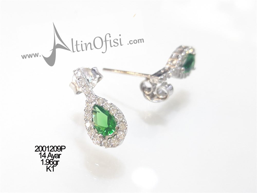 Yeşil Damla Küpe 14 Ayar Altın