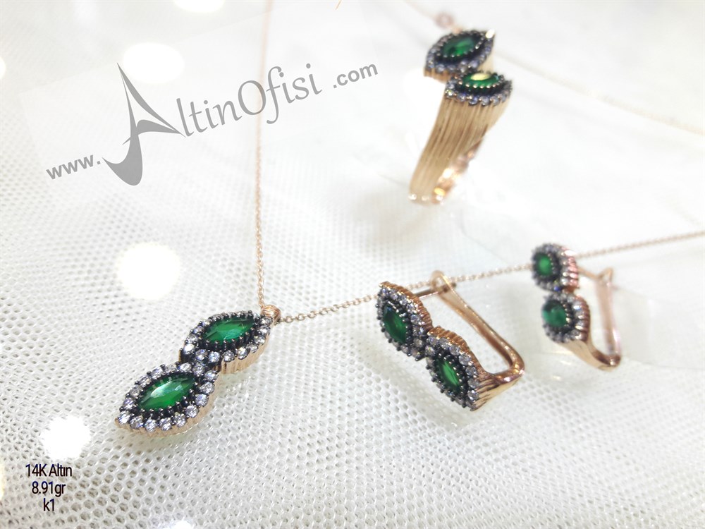 Yeşil Taşlı Mekik Set Takım 14 Ayar Altın 