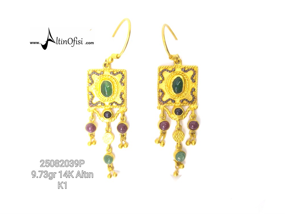 Yeşil ve Kırmızı Taşlı Sallantılı Küpe  14 Ayar Altın