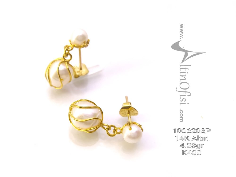 Spiral İnci Küpe  14 Ayar Altın