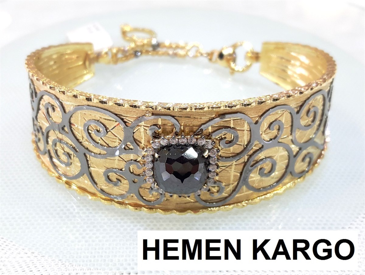Siyah Taşlı Kelepçe Bilezik 14 Ayar Sarı Siyah Altın