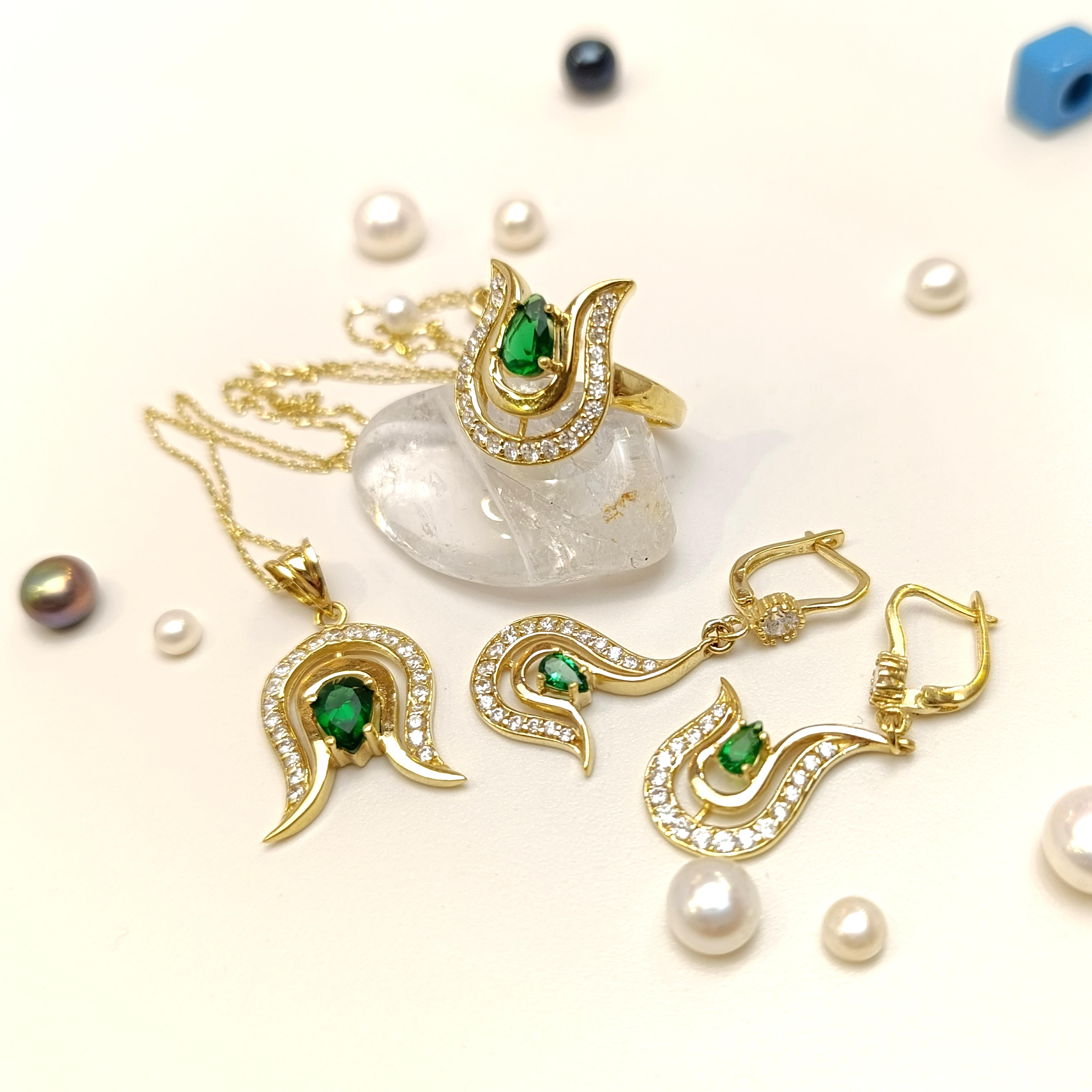 Yeşil Taşlı Lale Set Takım 14 Ayar Altın HD VİDEOLU