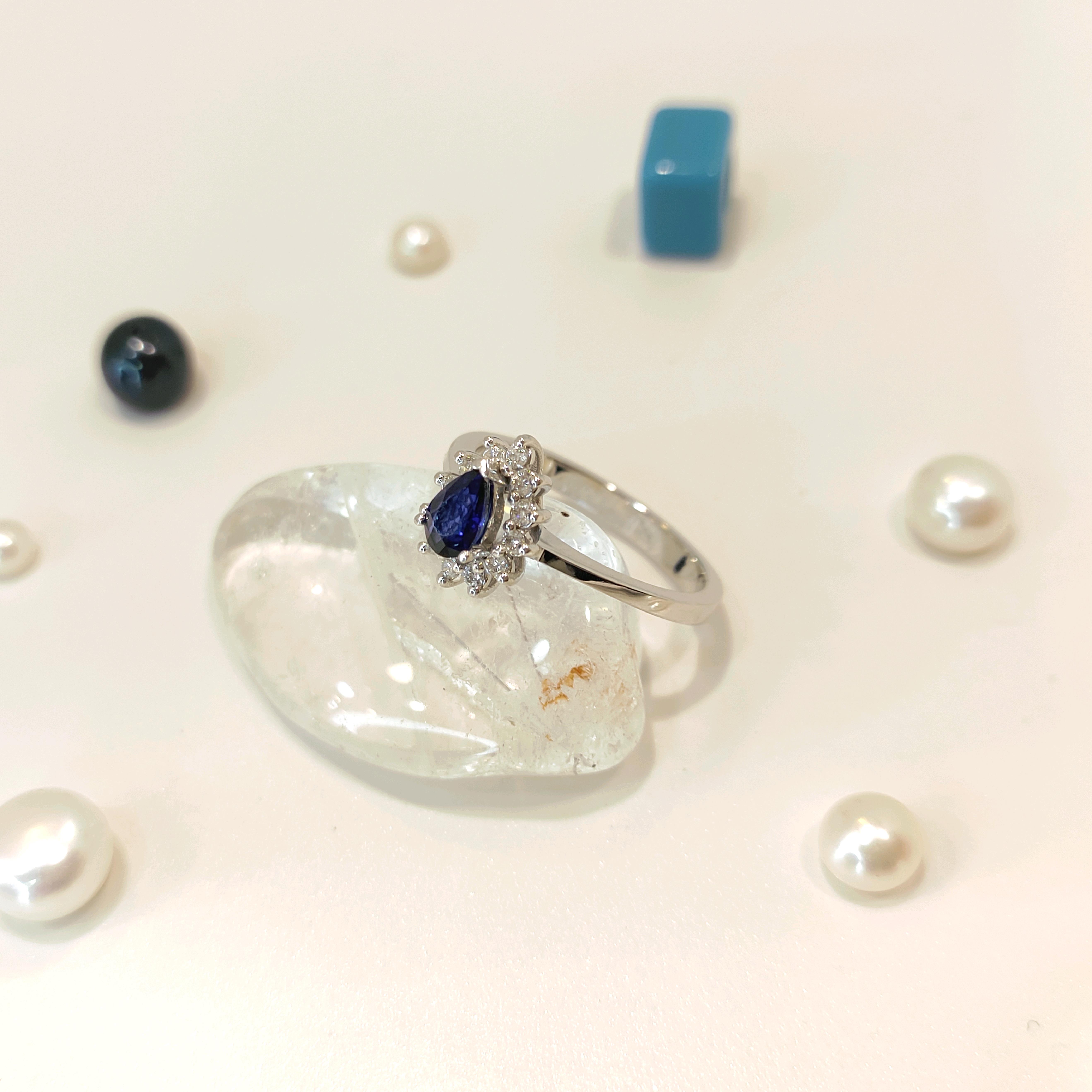 Pırlanta 0.40ct Safir Damla Taşlı  Yüzük 14 Ayar Altın 4K VİDEOLU