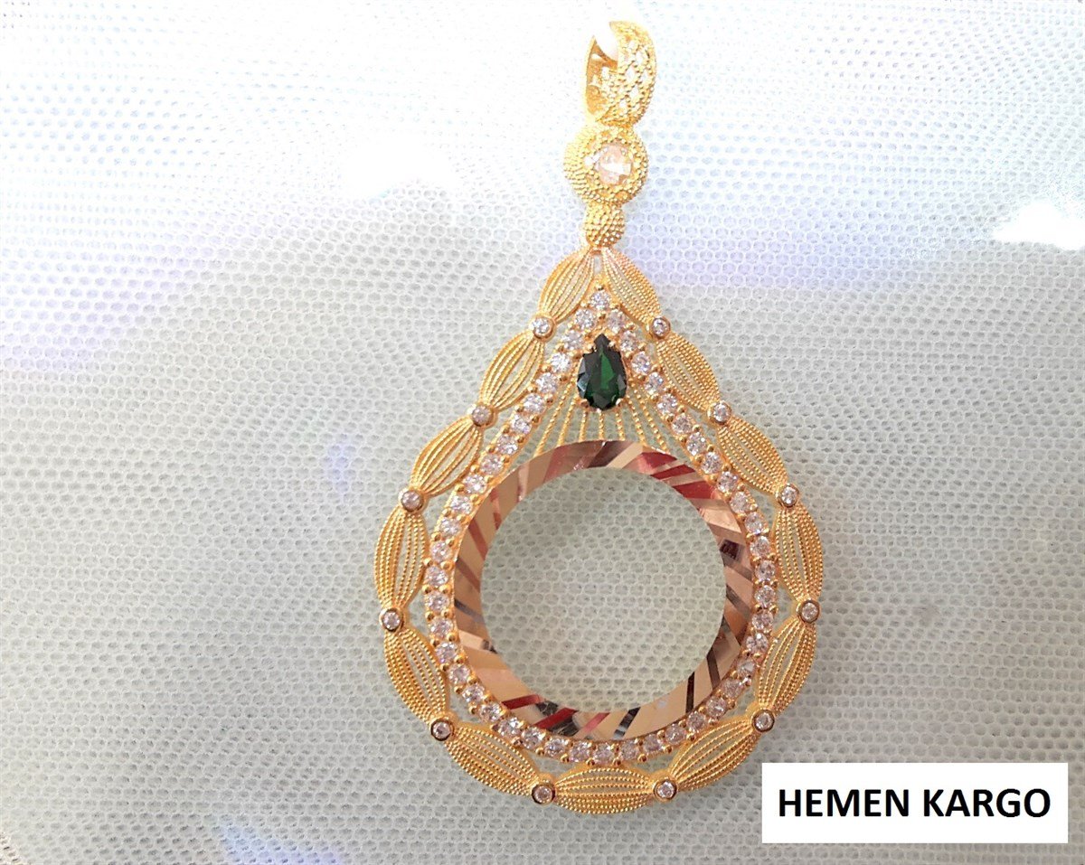 Yeşil Taşlı Damla Yarım Ziynet yada Atalira Tam Sikke için çerçeve Kolye 14 Ayar Altın