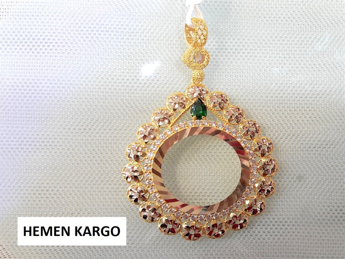 Yeşil Taşlı Damla Yarım Ziynet yada Atalira Tam Sikke için çerçeve Kolye 14 Ayar Altın