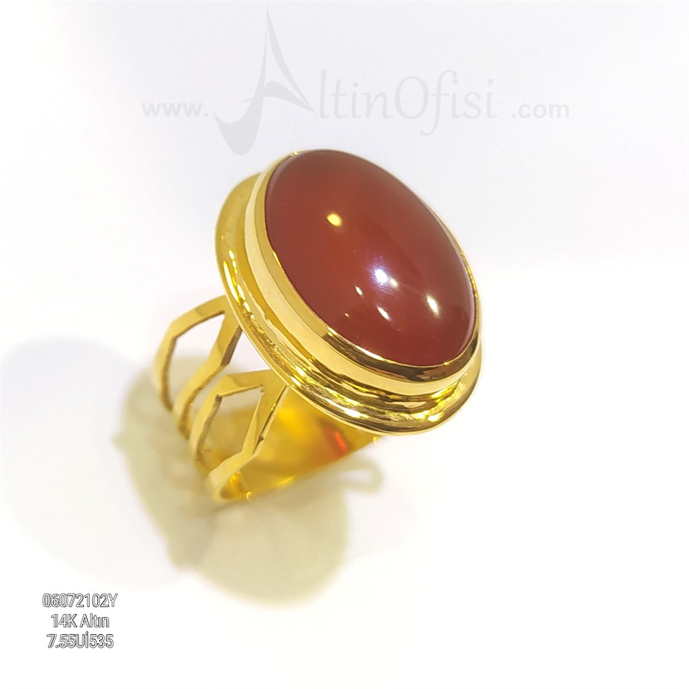 Akik TAşlı Özel El İşi Yüzük 14 Ayar Altın