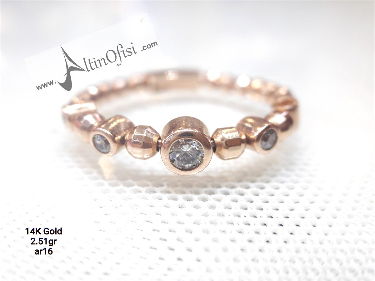 Dorika toplu Tektaşlı Yüzük Roze 14 Ayar Altın