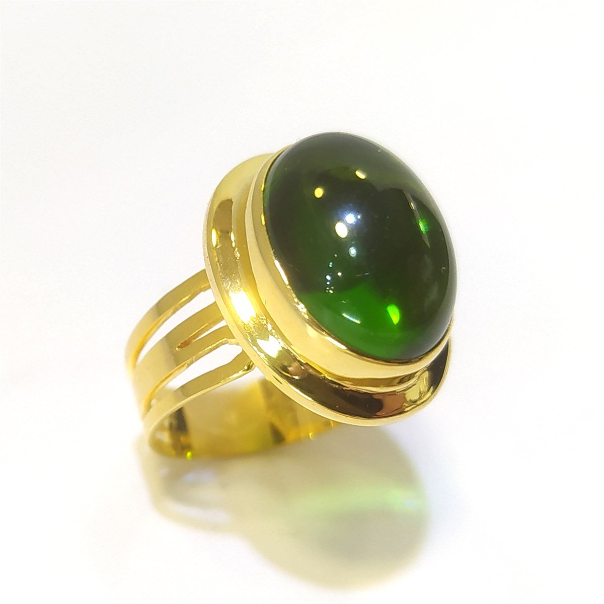 EŞSİZ Yeşil Oval Özel Tek Taş Yüzük 14 Ayar Altın