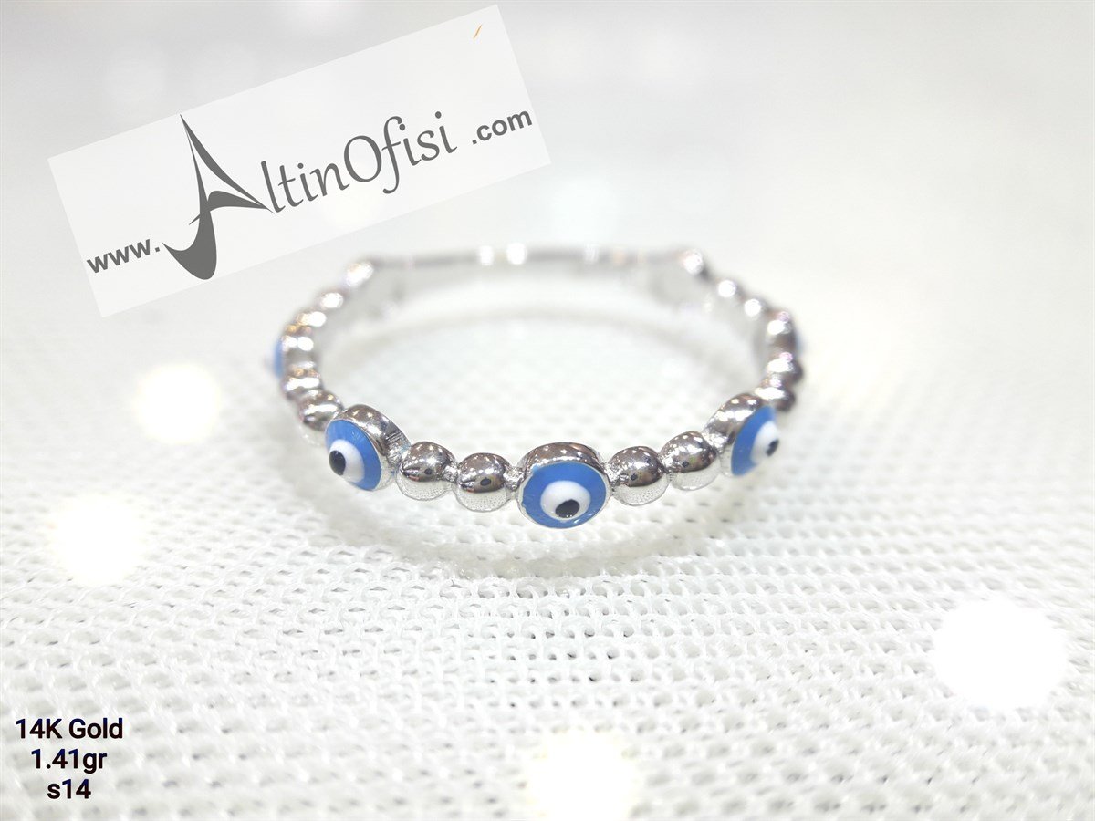 Gözboncuklu Yüzük Beyaz 14 Ayar Altın