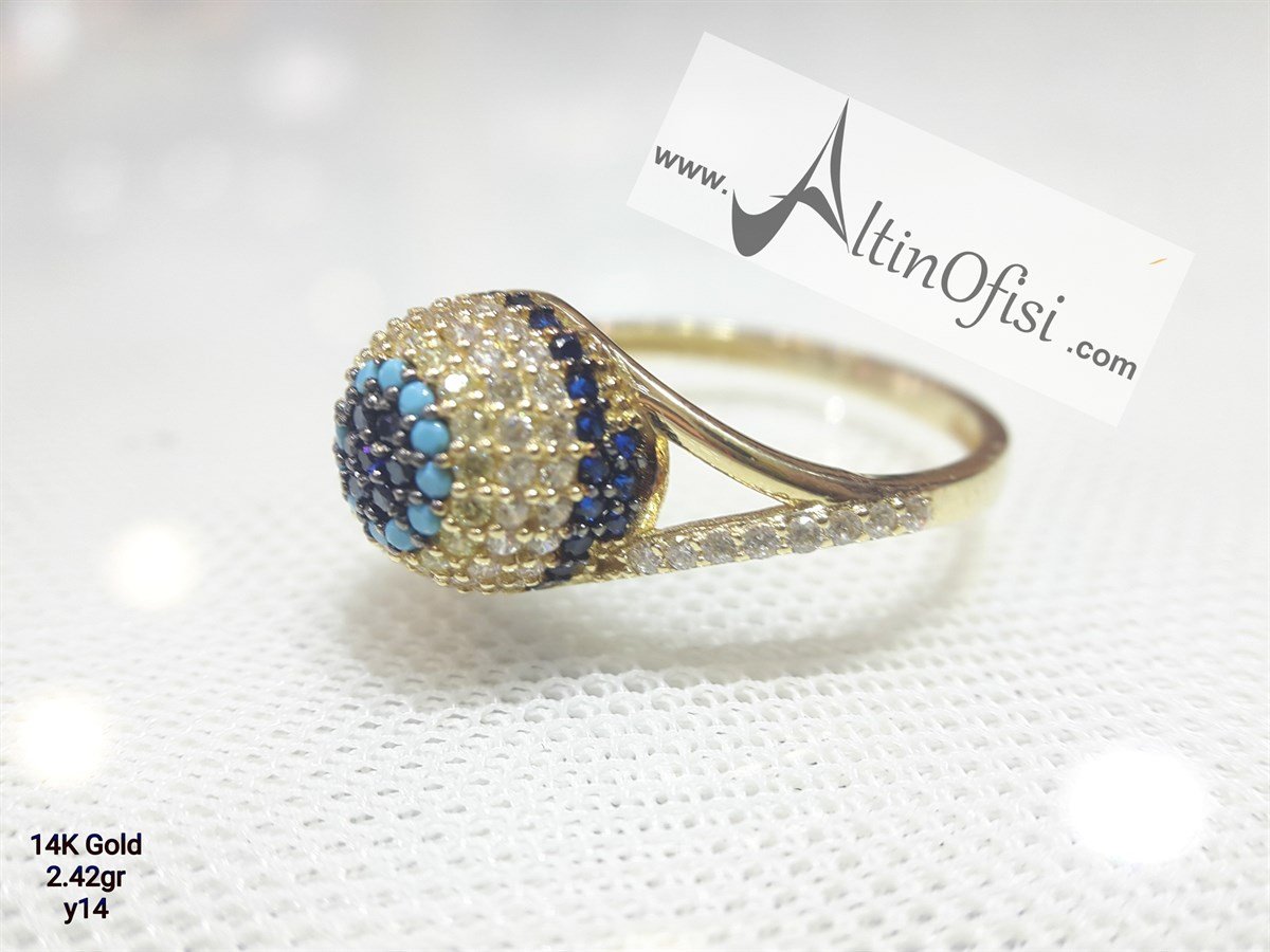 Gözboncuklu Yüzük Sarı 14 Ayar Altın