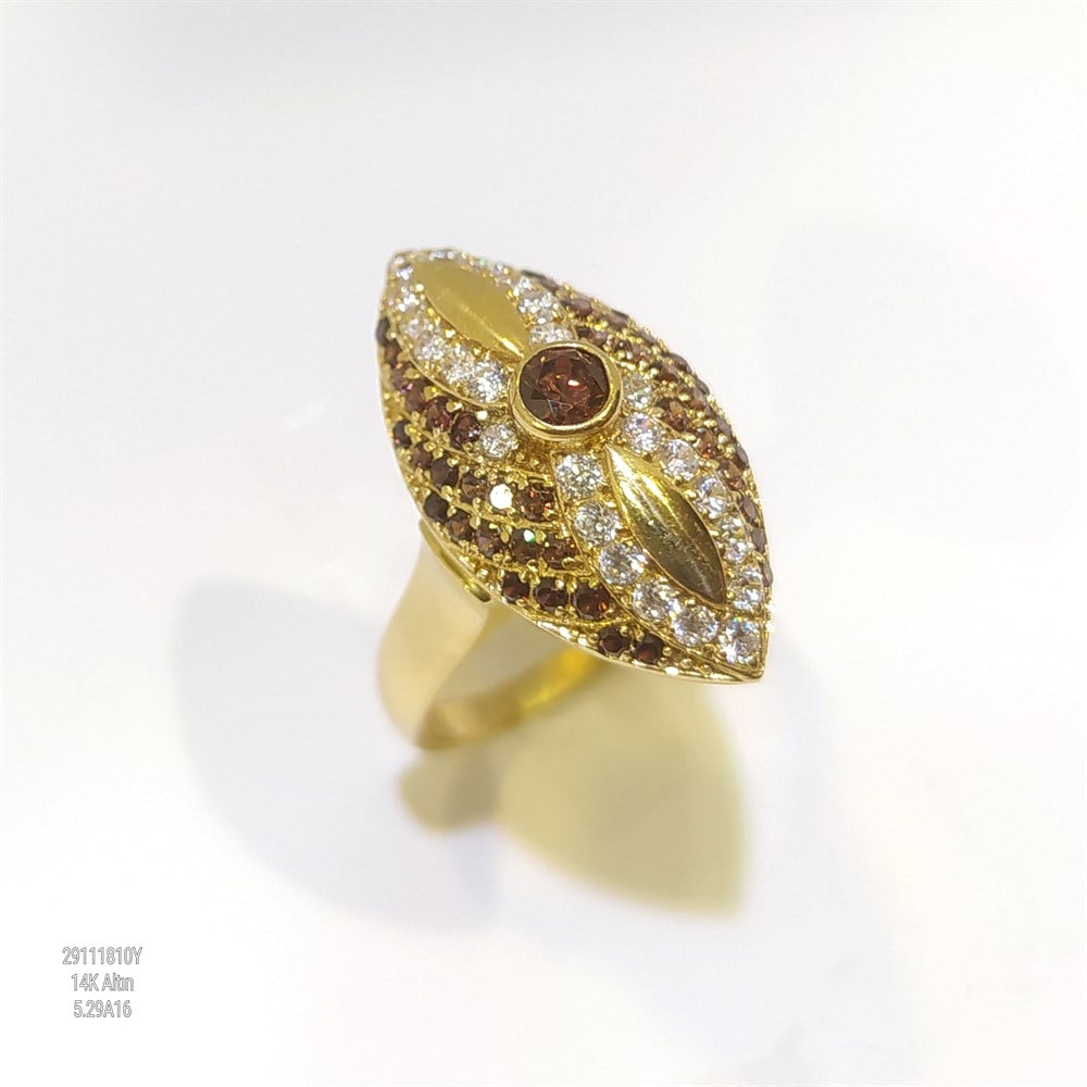 Mekik Kahverengi Taşlı Yüzük Sarı 14 Ayar Altın