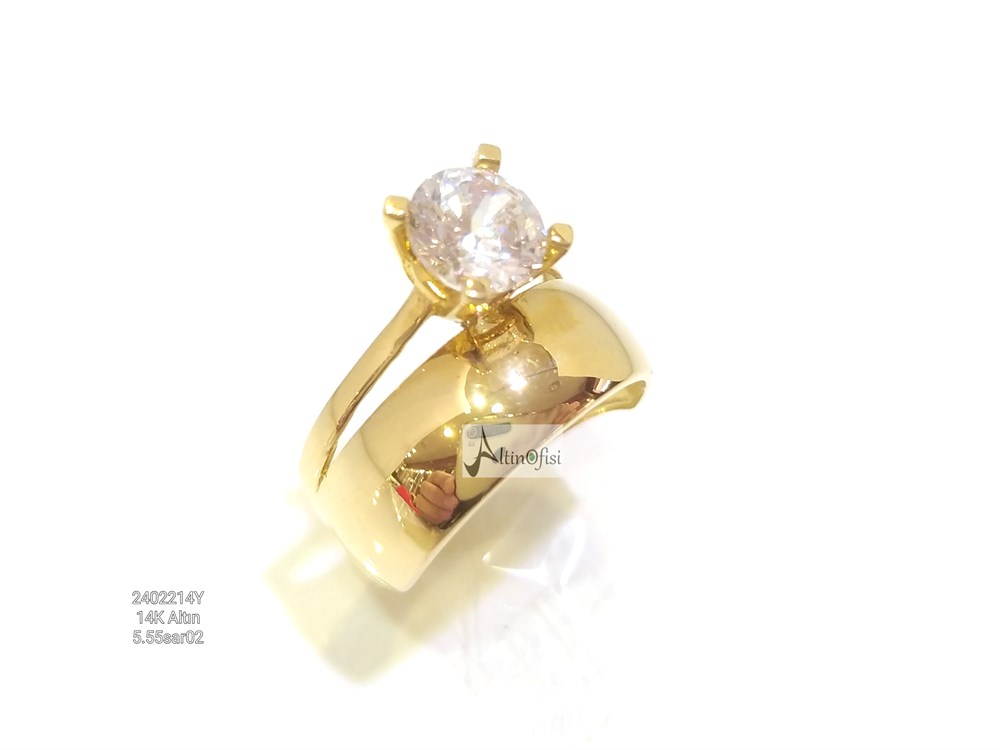 Tek Taş Alyans Bitişik Yüzük 14 Ayar Altın