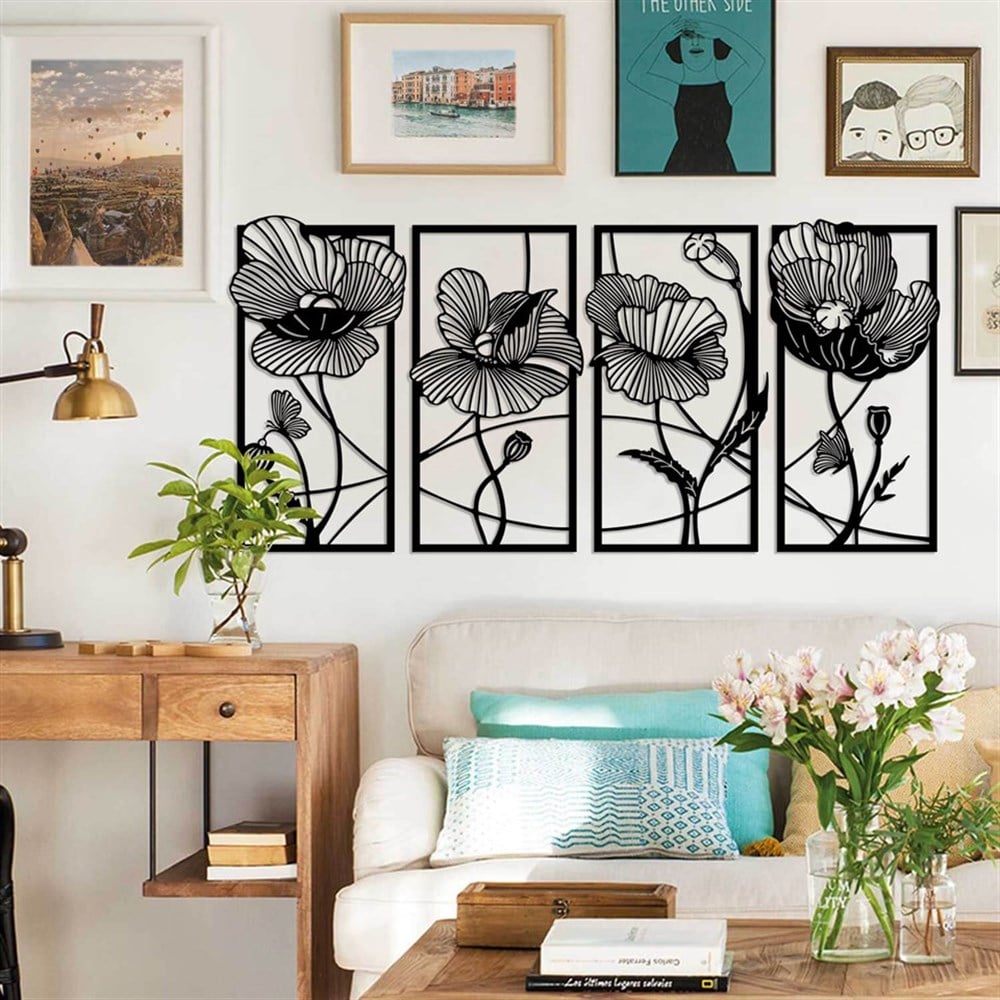 4'Lü Çiçek Set Metal Duvar Dekoru