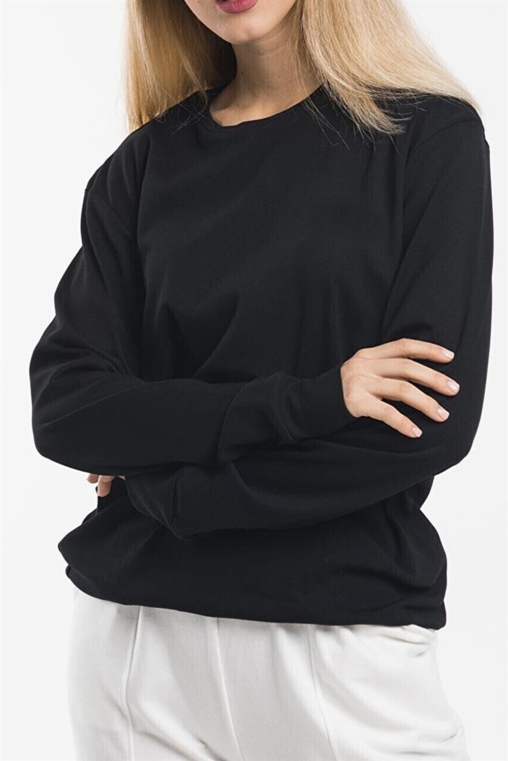 Kadın Bisiklet Yaka Iki Iplik Basic Sweatshirt