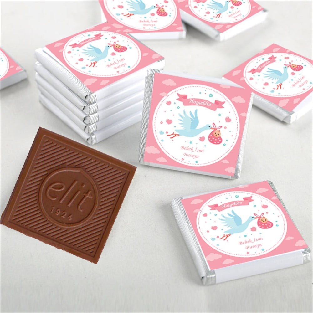 Kişiye Özel Leylek Temalı Kız Bebek Çikolatası 48li Kutu