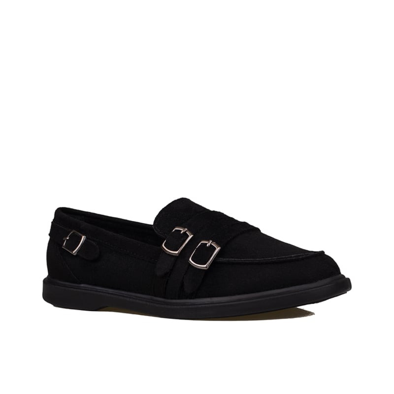 Trend Adımlar Siyah Kadın Günlük Çift Tokalı Loafer Süet Ayakkabı