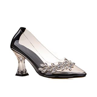 M2SM2S Siyah Şeffaf Papatya Desenli Klasik Ayakkabı