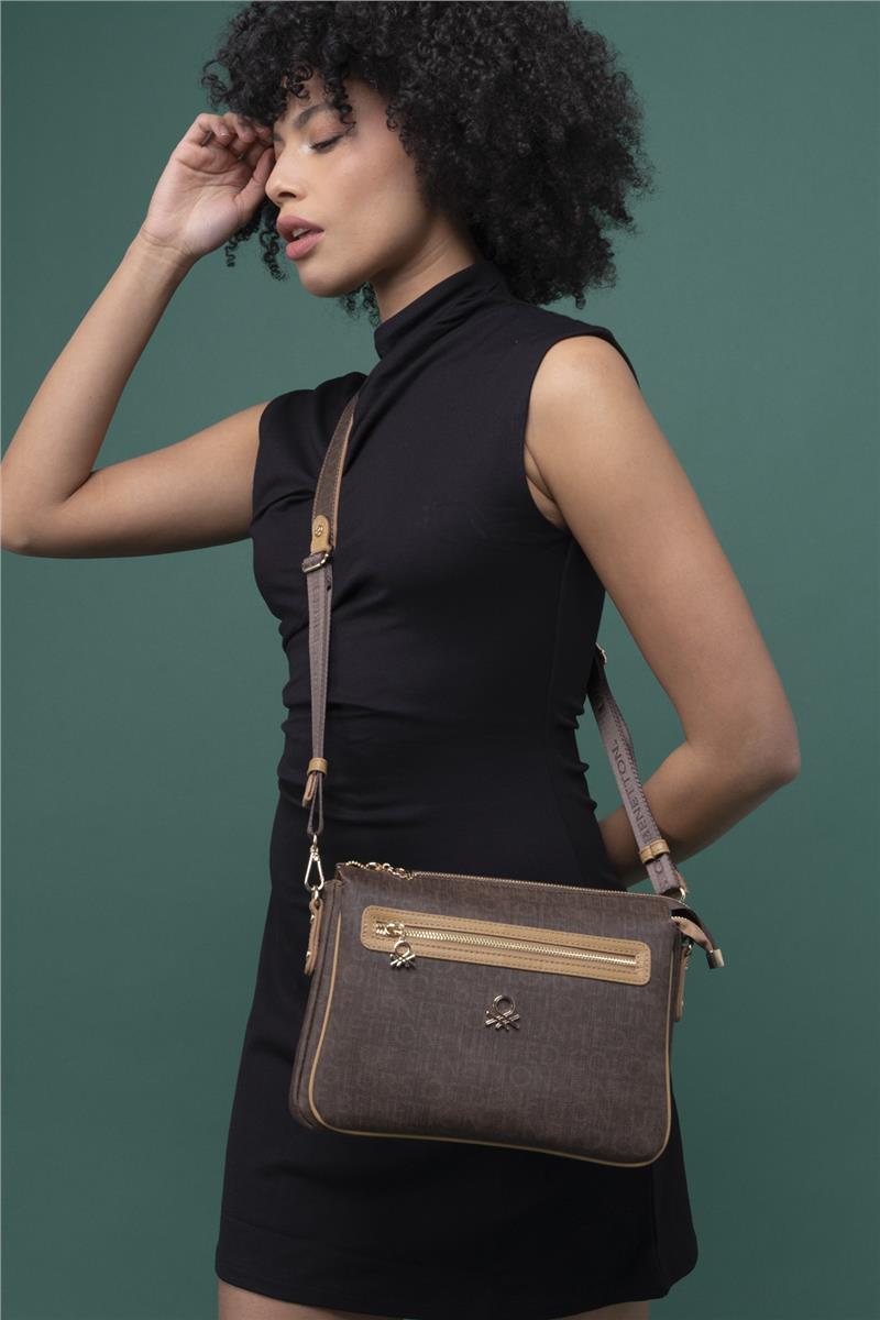 Benetton Kahverengi Eskitme Monogram Kadın Çapraz Çanta BNT 1276