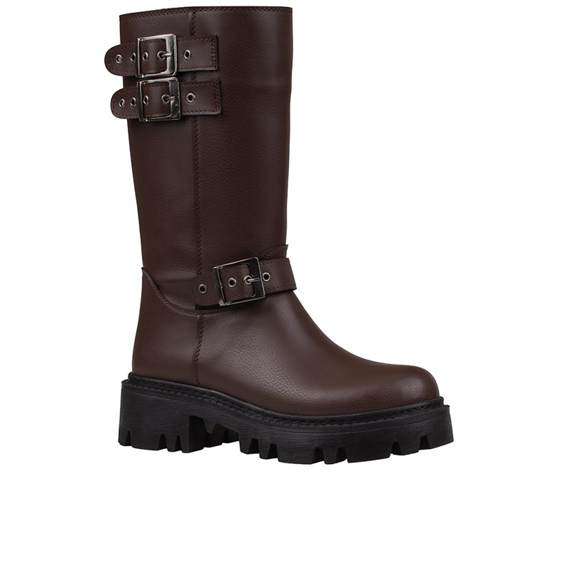 Trend Adımlar Kahverengi Kemer Detaylı Kadın Yarım Parlak Çizme