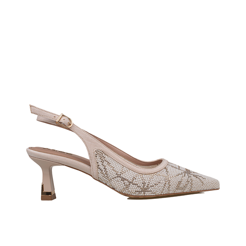 Trend Adımlar Krem Kadın Kısa Topuk Slingback Şık Gece Ayakkabısı