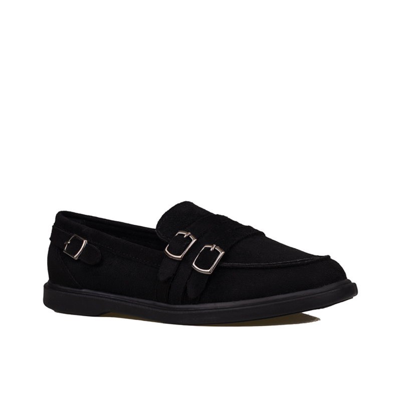 Trend Adımlar Siyah Kadın Günlük Çift Tokalı Loafer Süet Ayakkabı