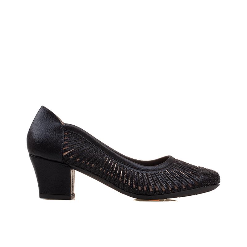 M2SM2S Siyah Kadın Kısa Topuk Saten Taşlı Klasik Ayakkabı