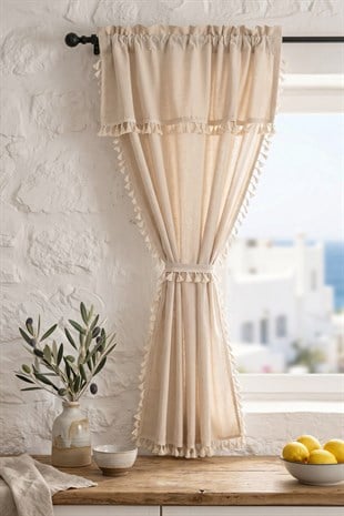 Cozy Boho Naturel Püsküllü Fon Perde - Tek Kanat, rustik ve Korniş Uyumlu