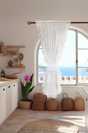 Fırfırlı Keten Tül perde Tek Kanat Romantik Volanlı Bağlamalı