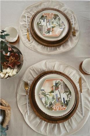 Naturel Fırfırlı Amerikan Servisi Yuvarlak Vintage