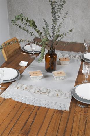 Naturel Fırfırlı Runner Vintage 40x110 Cm Fistolu