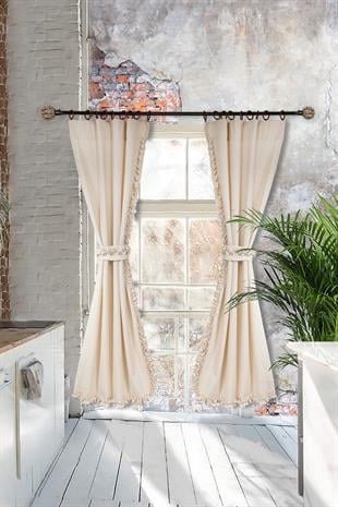 Naturel Perde Bohem Çift Kanat Büzgü Bantlı