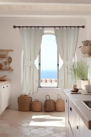 Naturel Perde Vintage Çift Kanat Dikey Fırfırlı