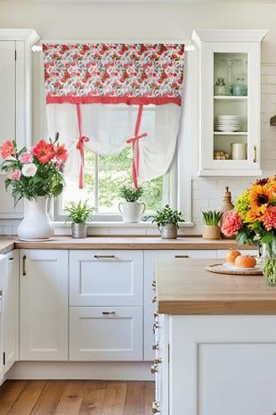 Naturel Potlu Tül Perde Spring Fırfırlı Çiçek