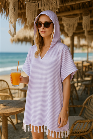 Peştemal Elbise Kapşonlu ince çizgili - %100 Doğal Pamuk