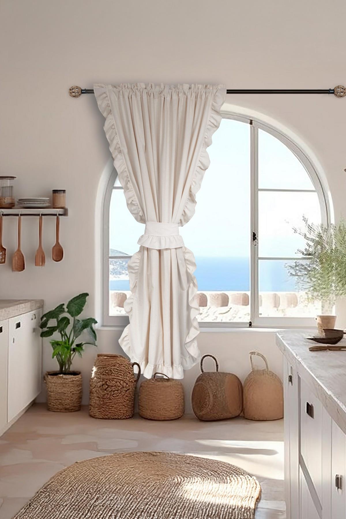 Fırfırlı Keten perde Tek Kanat Romantik Volanlı Bağlamalı