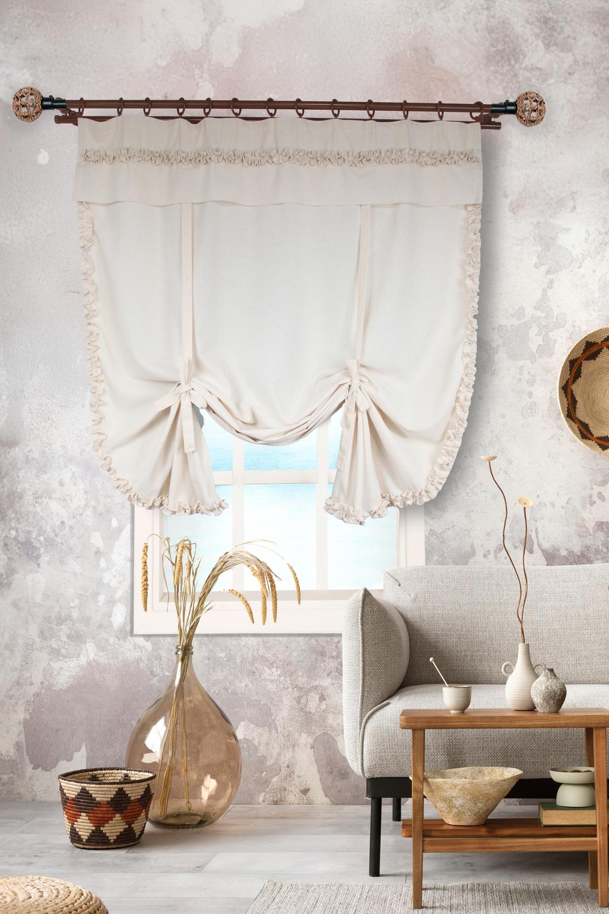 Naturel Potlu Perde Bohem Büzgü Bantlı