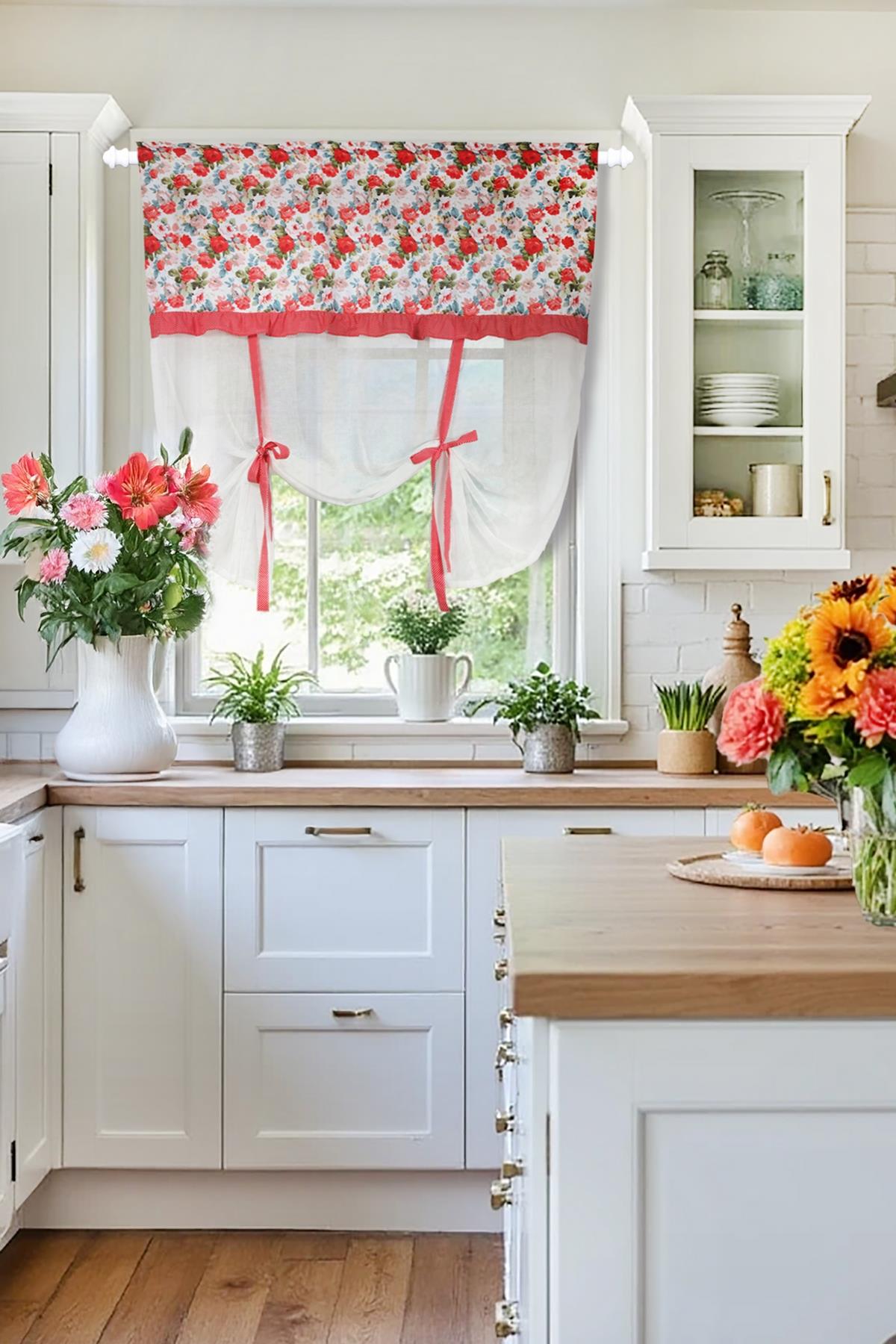 Naturel Potlu Tül Perde Spring Fırfırlı Çiçek