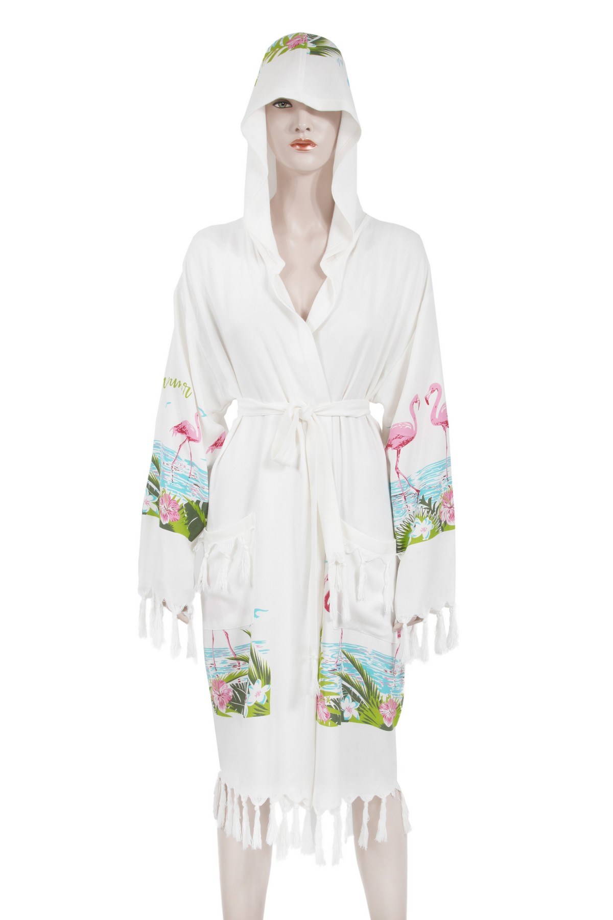 Peştemal Bornoz Bambu Baskılı Kapşonlu Denizci - %100 Doğal Pamuk