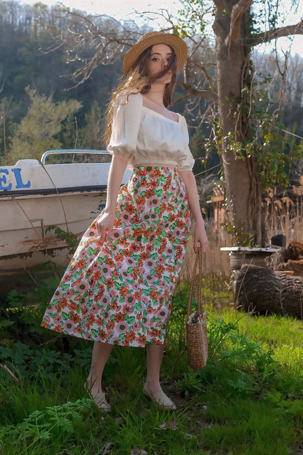 Mor Çiçek Desenli Etek