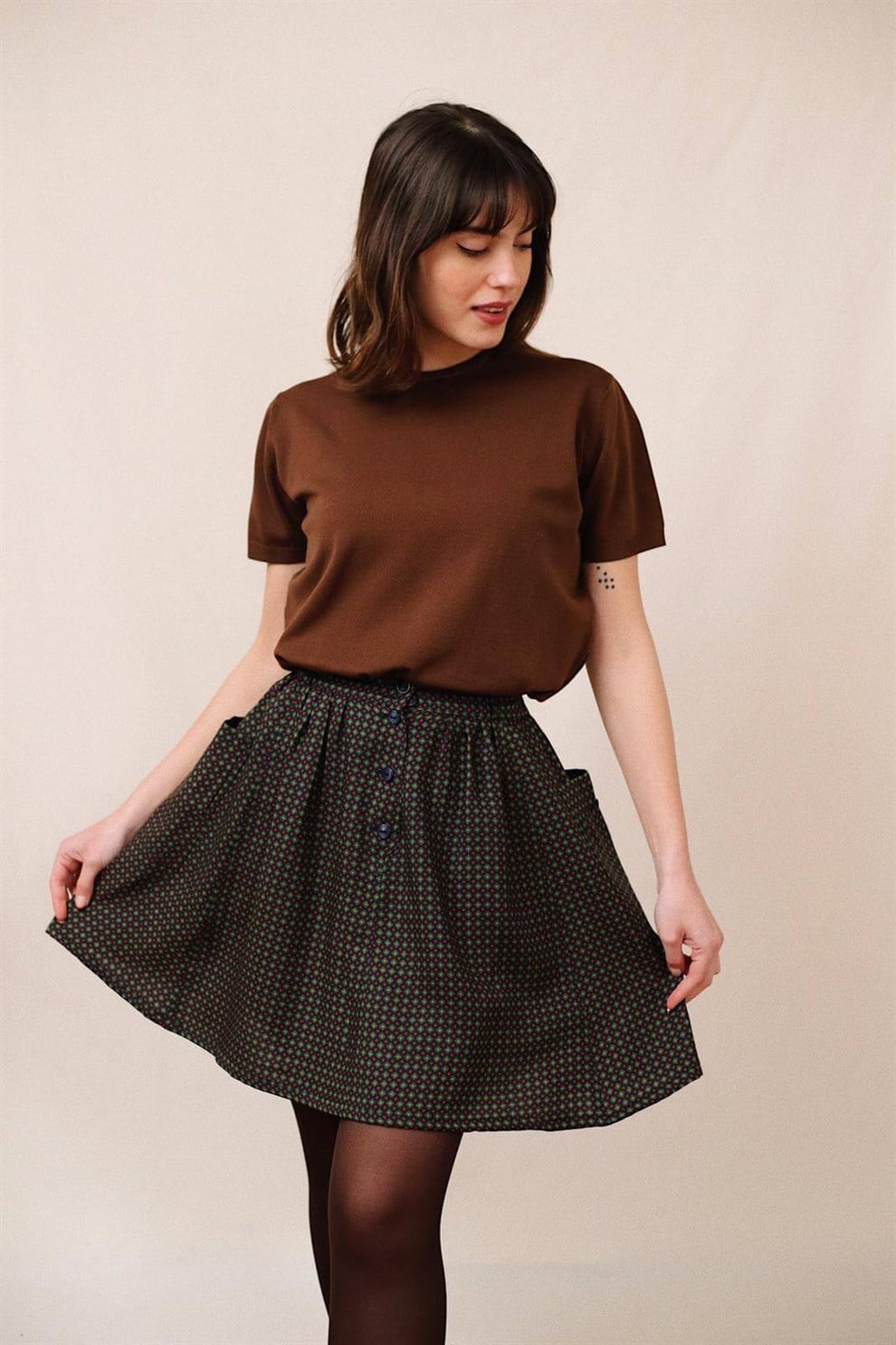 Desenli Önü Düğmeli Etek